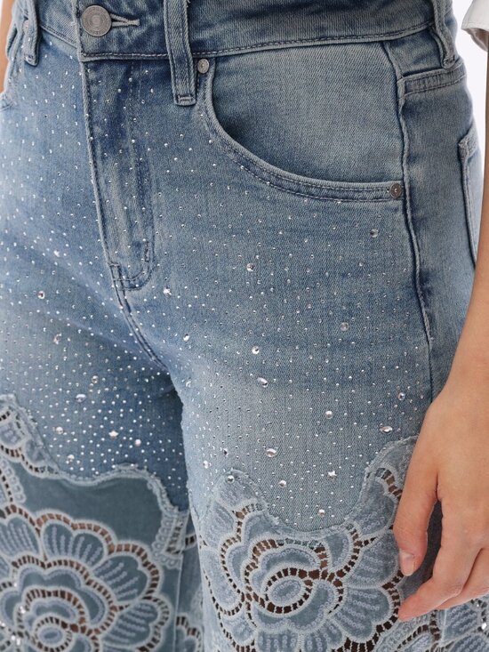 Velvet Cut Out Rhinestone High Rise Wide Leg Jeans - Picture 7 of 9